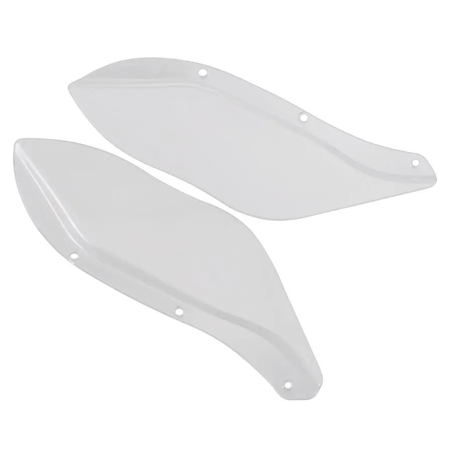 Pair of black and transparent ABS plastic side wing head covers for Harley-Davidson Touring motorcycle flank.