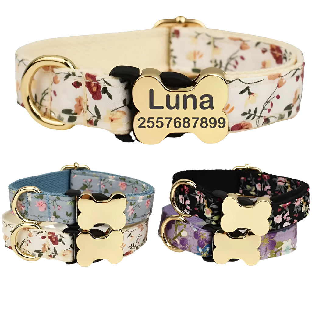 Flat fabric printed grid dog collar with bone buckle in multiple colour options