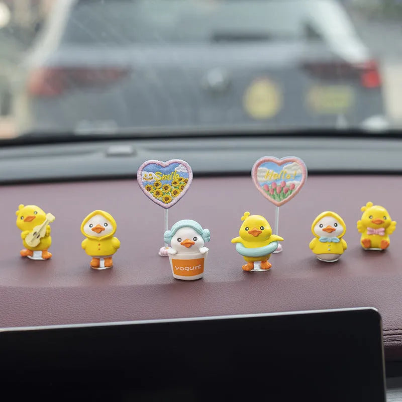 PVC cartoon duckling car decoration set with six small ducks and one sign label for vehicle interior