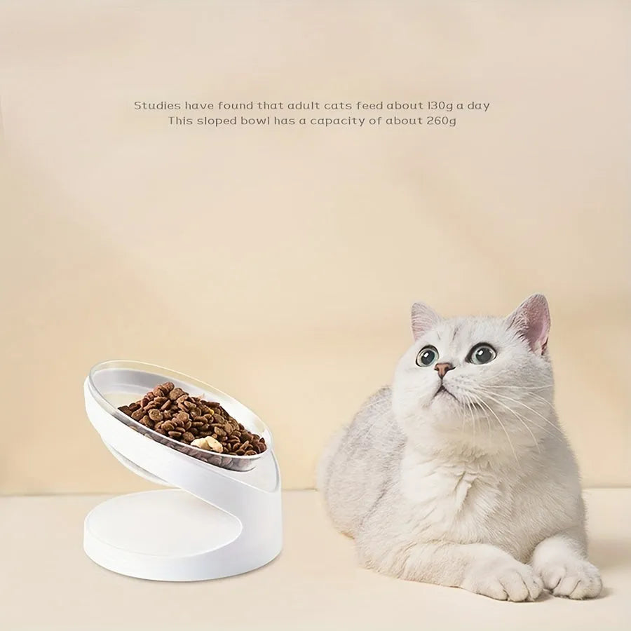 White elevated clear cat food bowl with anti-vomit tilt design
