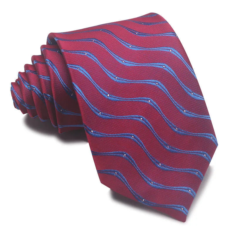 8cm wide red black and blue striped polyester jacquard business tie for men