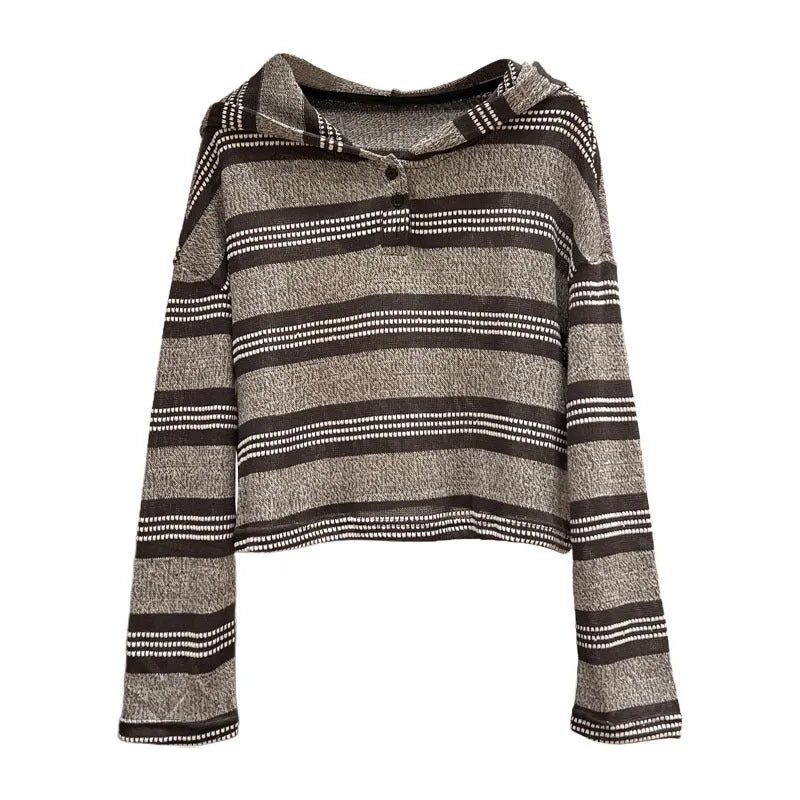 Striped button hooded long sleeve knitwear in dark coffee colour, loose fit pullover style, short length 40cm