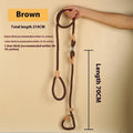 Brown nylon dog leash held in hand showing its 2.1 metre length and P chain handle.