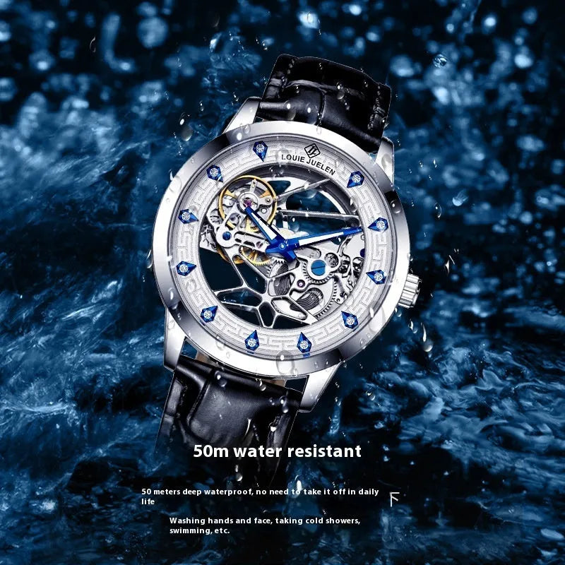 Men's silver mechanical watch with white dial, blue hands, black leather strap, and stainless steel butterfly buckle