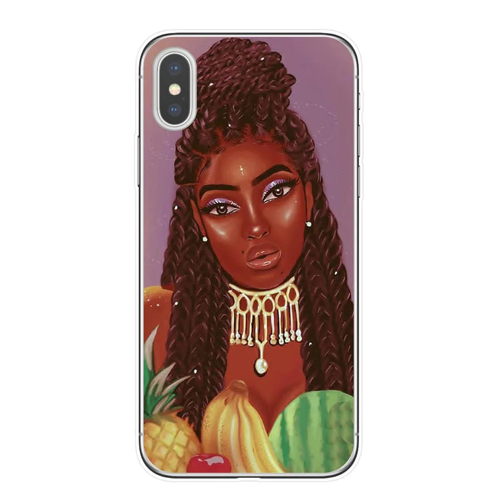 Hand drawn girl girl phone case soft TPU cover for iPhone showing colourful artwork and cutouts