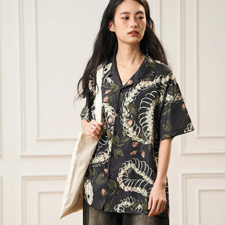 Men's snake bone pattern printed Cuban collar shirt with short sleeves and loose cardigan style