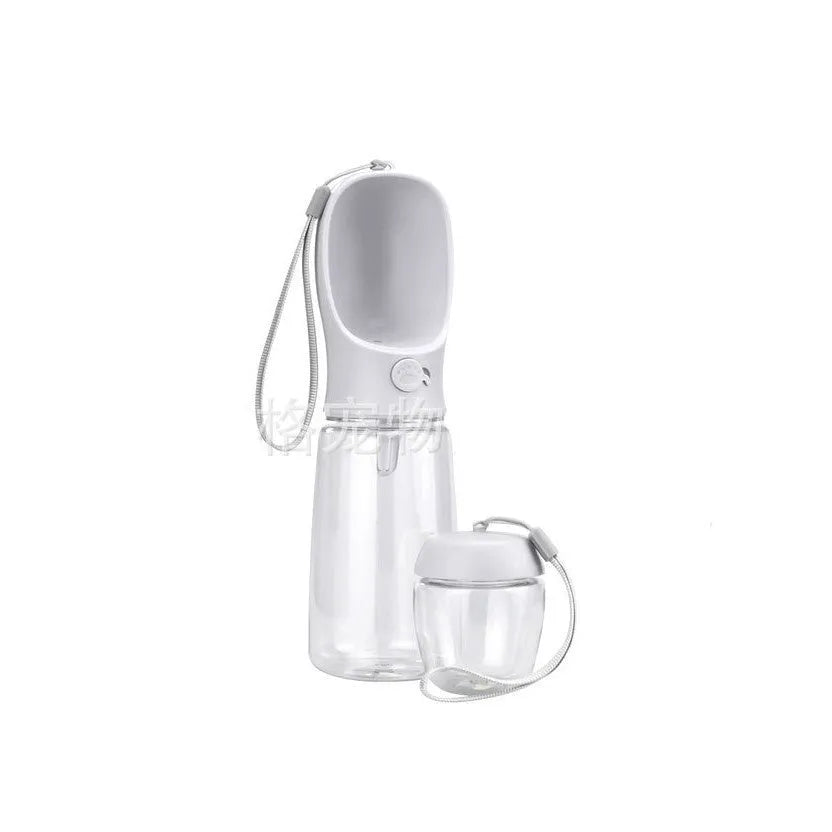 Blue two-in-one dog water cup showing combined drinking bowl and water storage bottle design