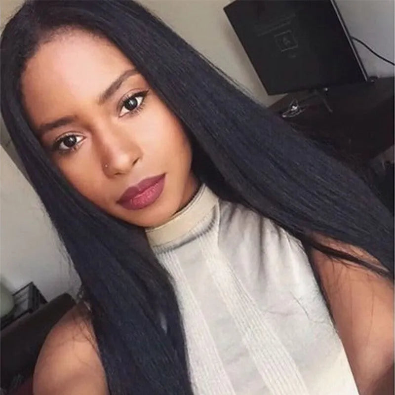 Women's long black straight synthetic wig with centre-parted bangs.