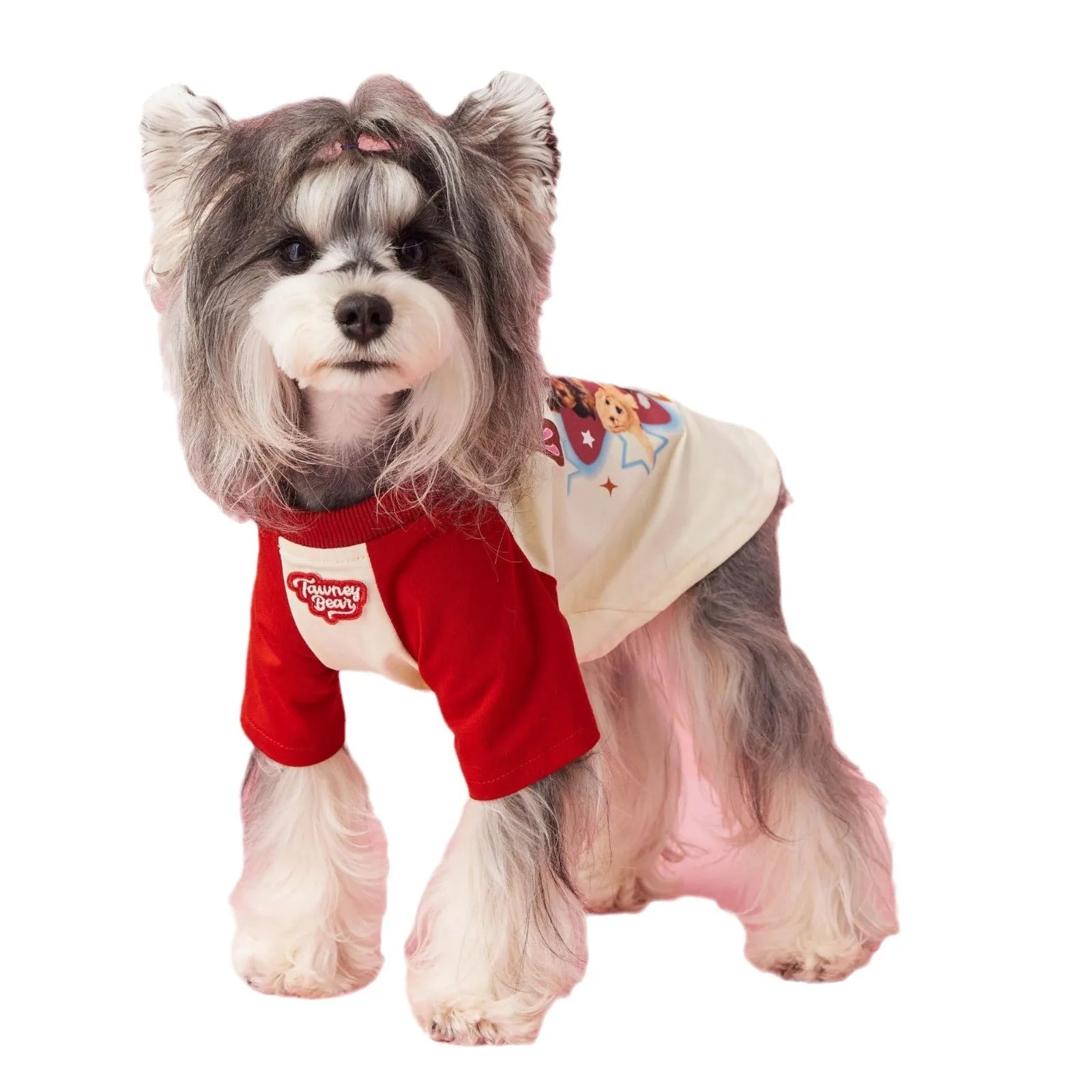Red cotton dog t-shirt for summer on a small dog
