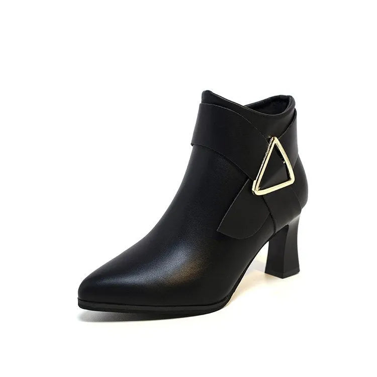Women's Martin boots in beige with chunky 8cm heel and side belt buckle detail, faux leather upper