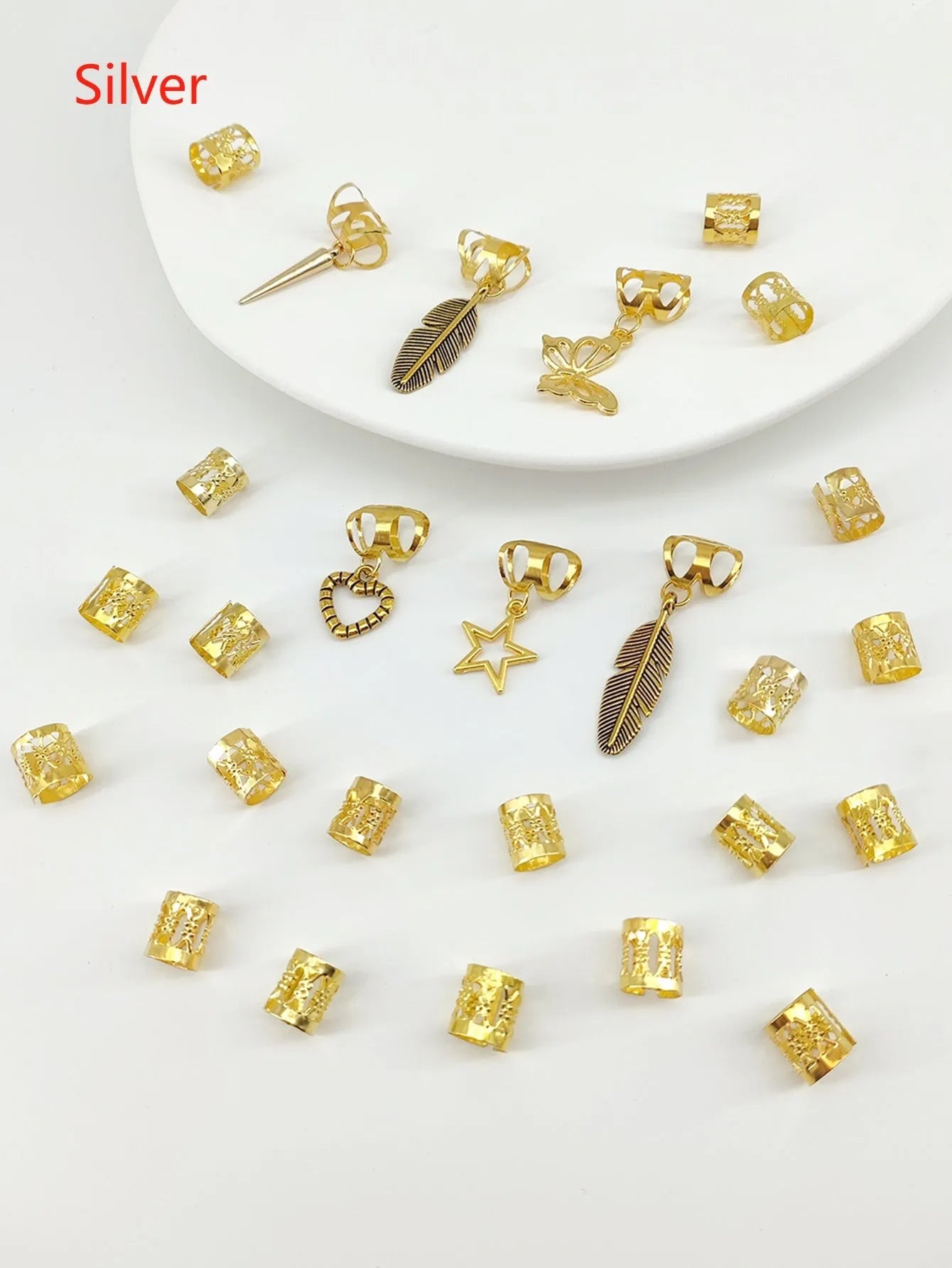 Antique style dirty braid hair rings with leaves design in gold and silver colours