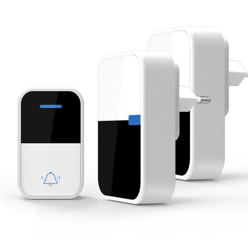 White plastic wireless doorbell kit with self-generating button and 150-metre range
