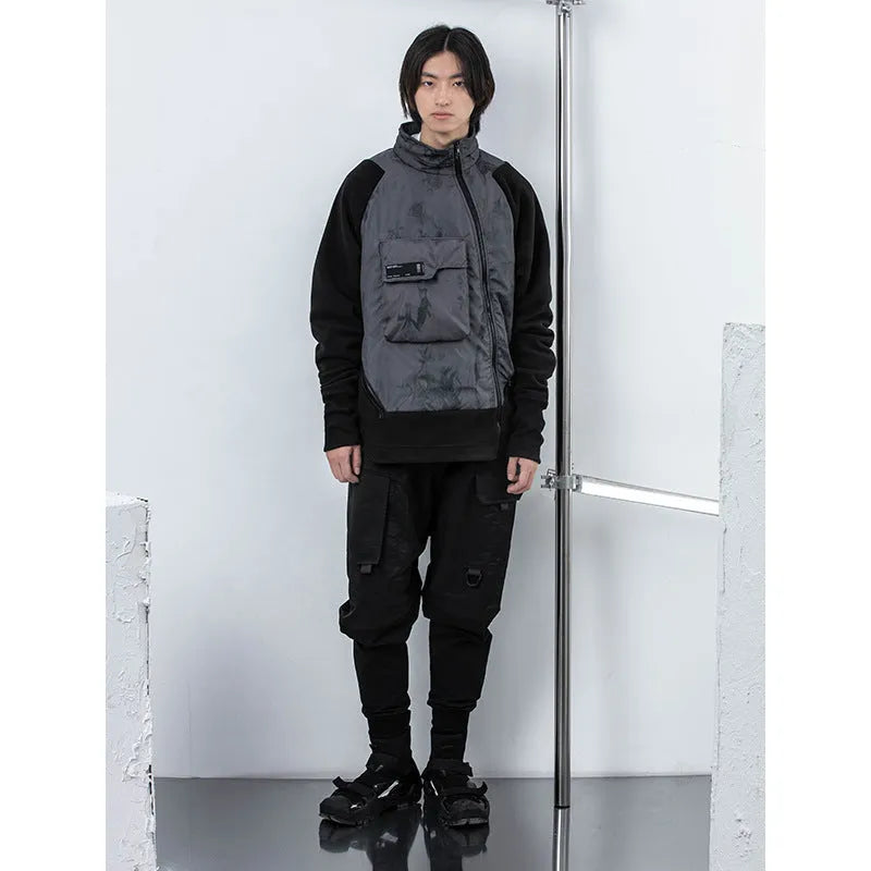 Men's black cotton fleece jacket with hood and trend stitching, loose fit