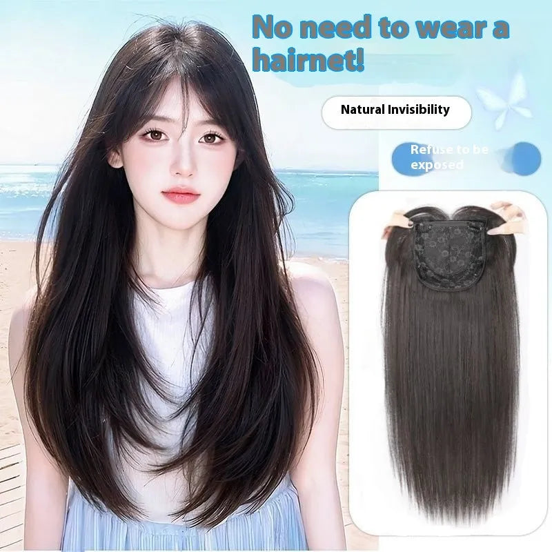 Full-head wig with long straight black layered hair and brown black bangs