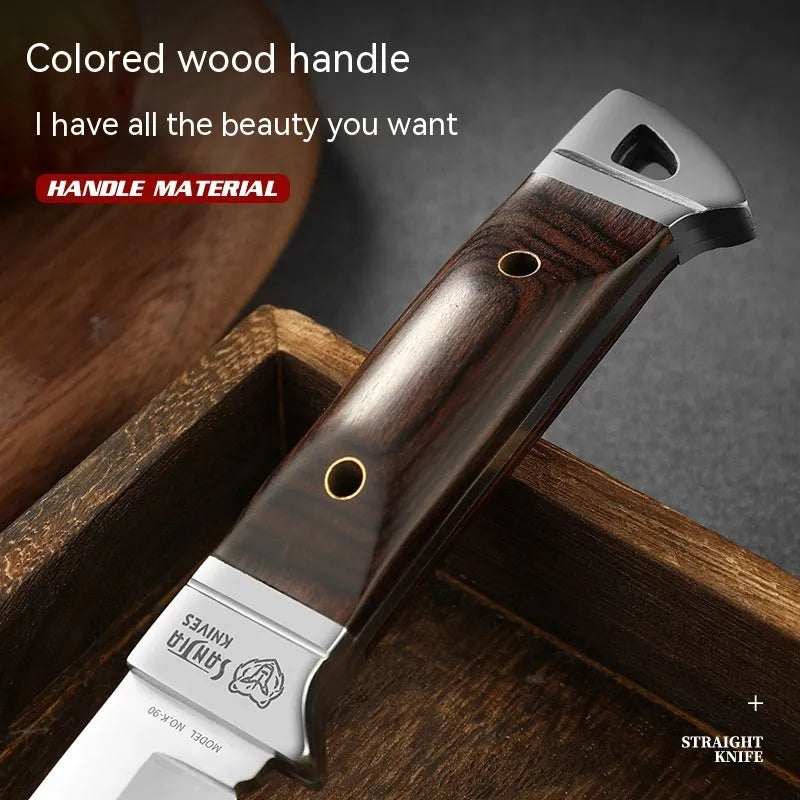 Camping portable fruit knife with stainless steel blade and brown leather protective case.