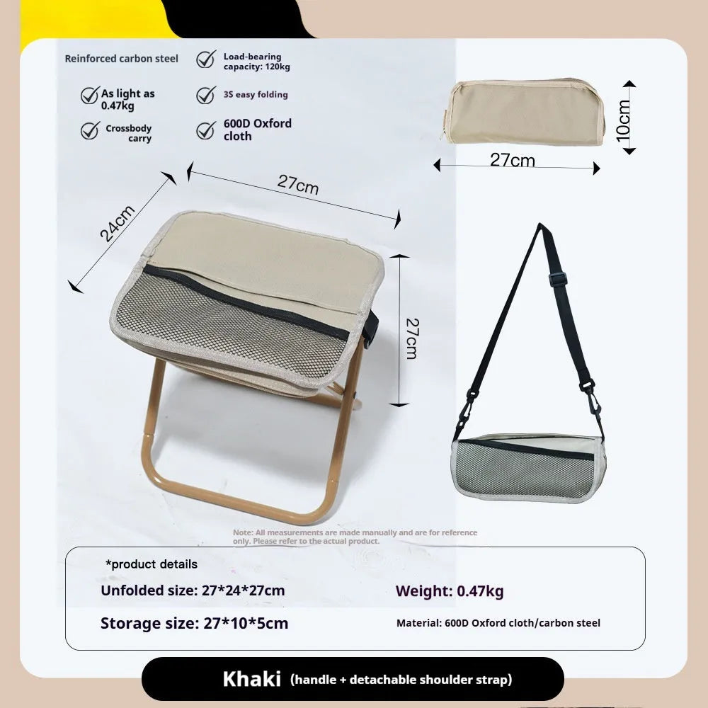 Lightweight foldable camp chair stool in Oxford fabric shown in a khaki colour.