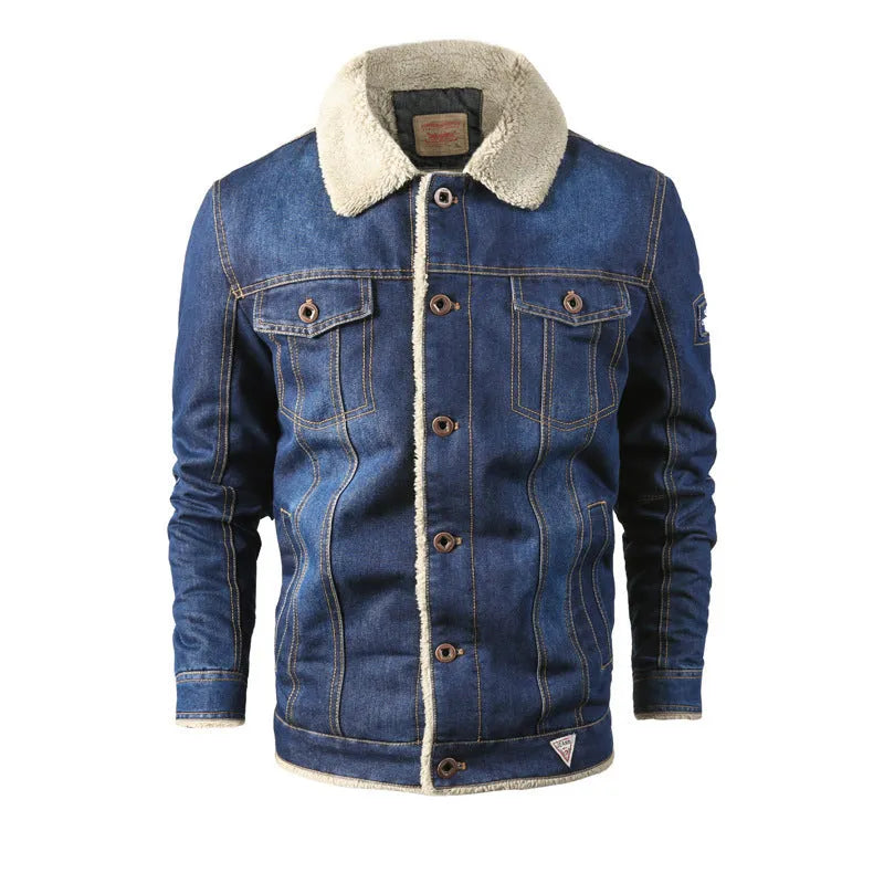 Men's casual denim jacket with lapel collar, single-breasted placket, long sleeves, loose fit, in dark blue and light blue