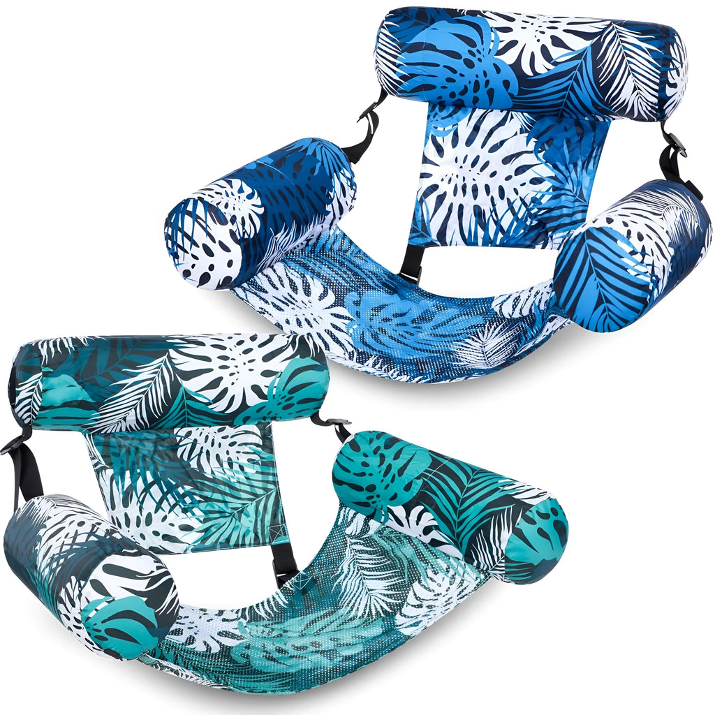 Inflatable floating hammock chair in blue leaves pattern, made of ordinary PVC, for pool or lake use