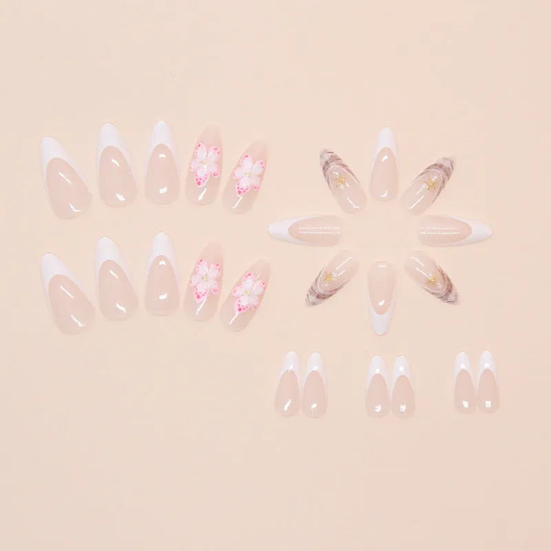 French style fake nails with rock pattern and simple flowers design in W1764 colour