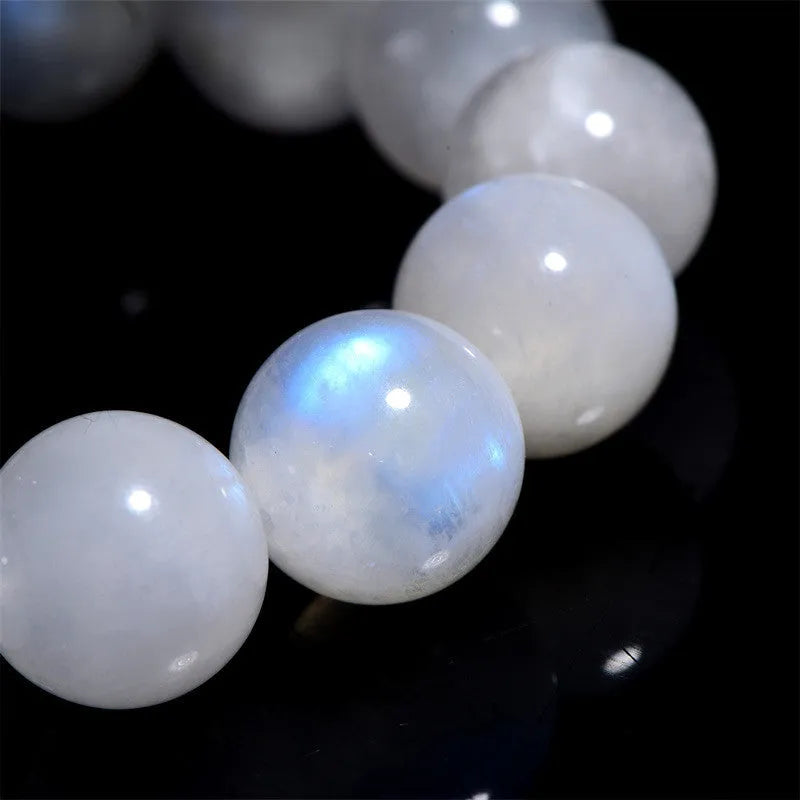 Natural blue moonlight round bead bracelet made from polished moonstone beads in geometric design