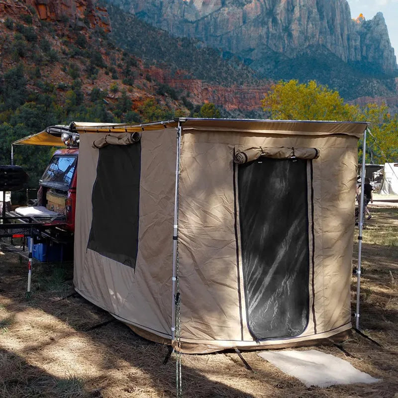 Black glue camping tent with aluminium alloy poles showing two-bedroom interior space