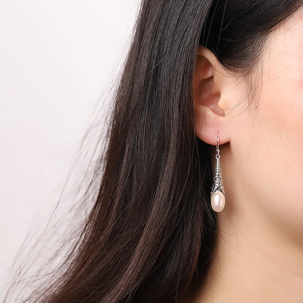 S925 silver inlaid Baroque long pearl earrings teardrop shape women's earrings
