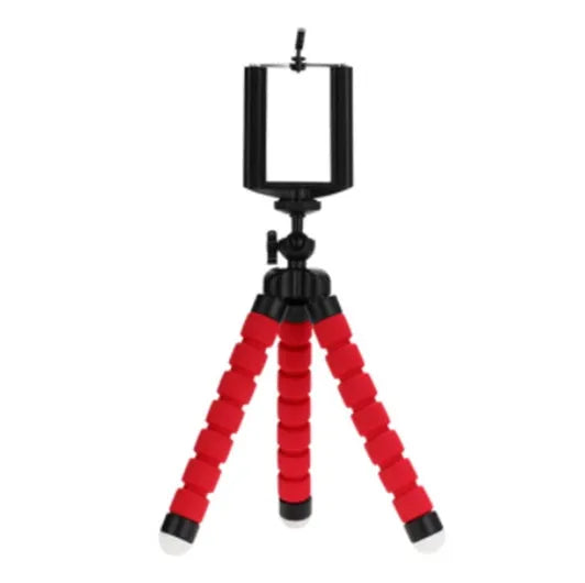 Black flexible octopus tripod with wrapped legs next to a smartphone, showing its 18cm size and universal screw mount.