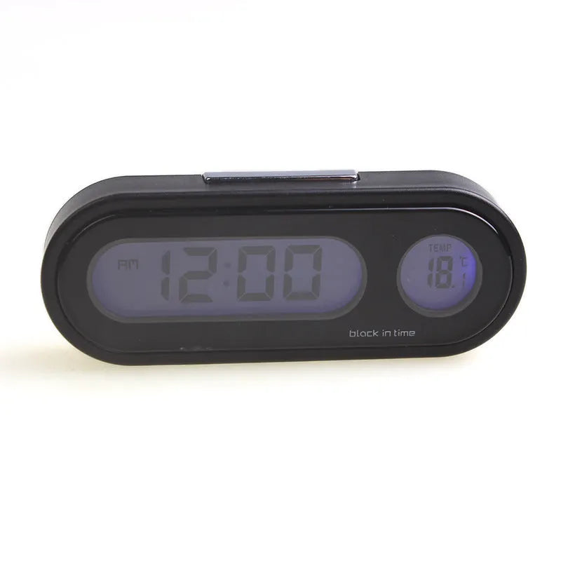 Black car dashboard electronic clock and thermometer with LED display on adjustable bracket