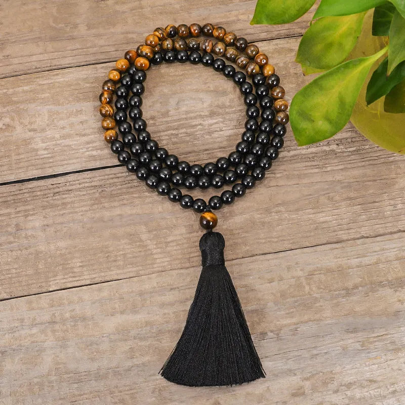 Tiger eye stone tassel necklace with drop-shaped pendant on ball bead chain