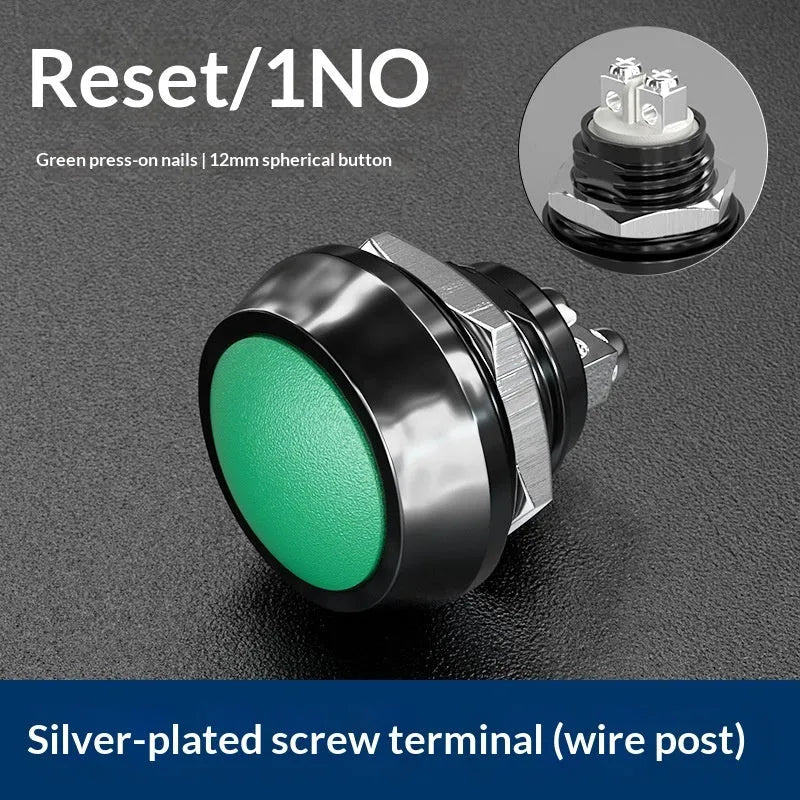 12mm spherical head self-resetting push button switch with silver-plated contacts and waterproof protection