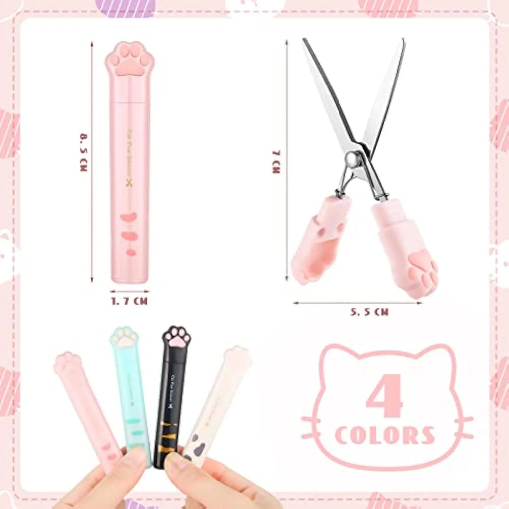 Cat paw design mini folding scissors in pink, white, black, or blue colour options