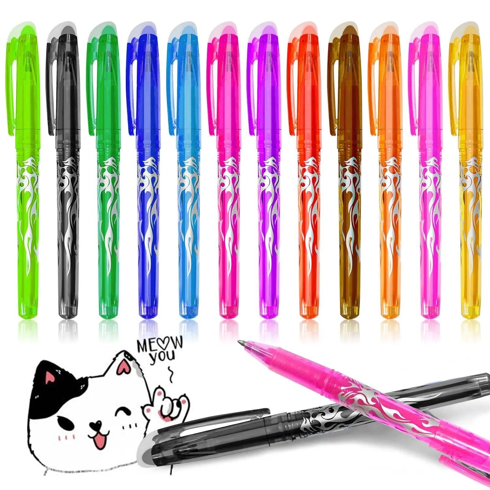 Heat-erasable gel pen set with stainless steel nibs in multiple colours for office and school use