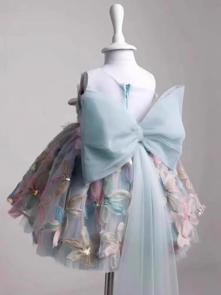 Children's full dress light luxury minority high-end princess style polyester fibre, blue one shoulder, suitable height 80-130cm