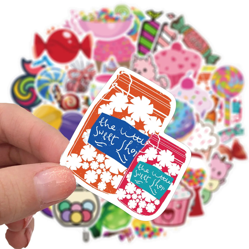 Pack of 50 colourful Candy Series graffiti and cartoon stickers, each measuring 4-6cm.