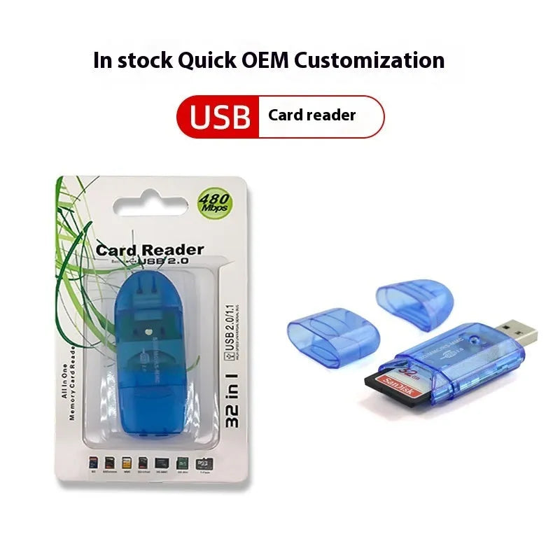 Transparent plastic USB card reader with integrated card holder compartment showing USB 2.0 connector