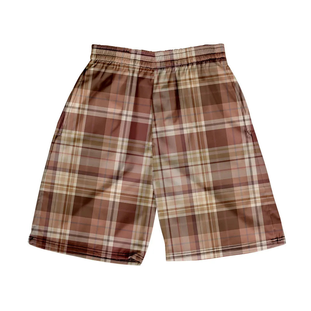 Men's polyester plaid shorts with elastic waistband in straight-leg casual style