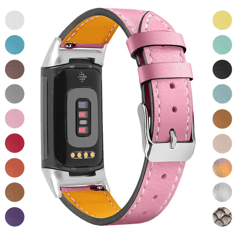 Genuine cowhide leather replacement watch strap for Fitbit Charge 5 and Charge 6 smartwatches.
