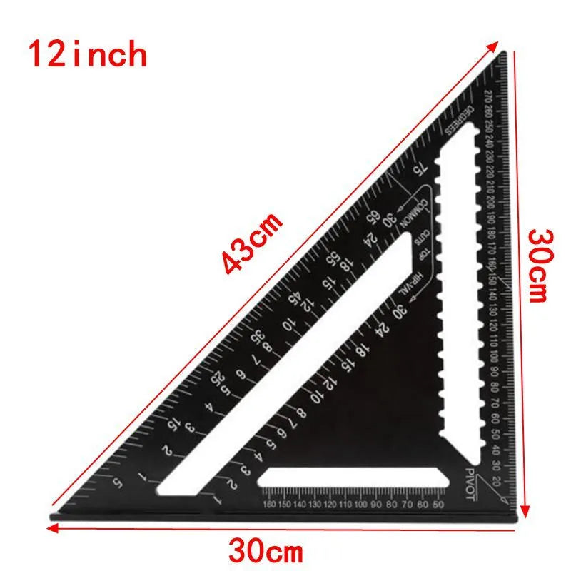Black oxidation aluminium triangle square with 90 and 45 degree angles and graduated scale