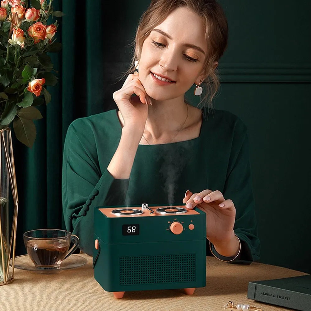 Portable phono humidifier in ABS, PP, silicone and leather, 190.6x130.9x151.5mm, with warm light, dark green colour