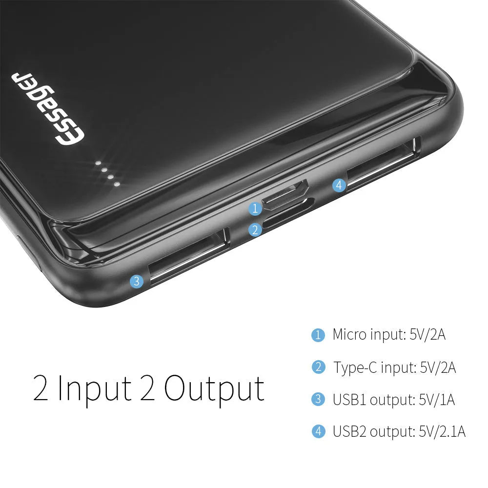 Essager Small Jane black or white 10000mAh ultra-lightweight power bank showing dual USB outputs and LED indicators