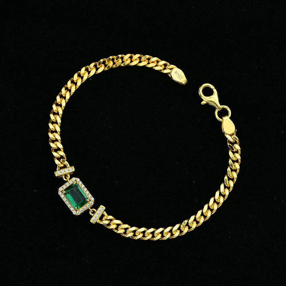 Cuban bracelet in 925 silver with green finish and flower shape, 17cm length for women