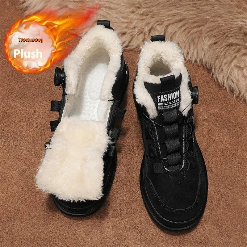Casual rotating button men's leather slip-on shoes with chunky heel, black colour