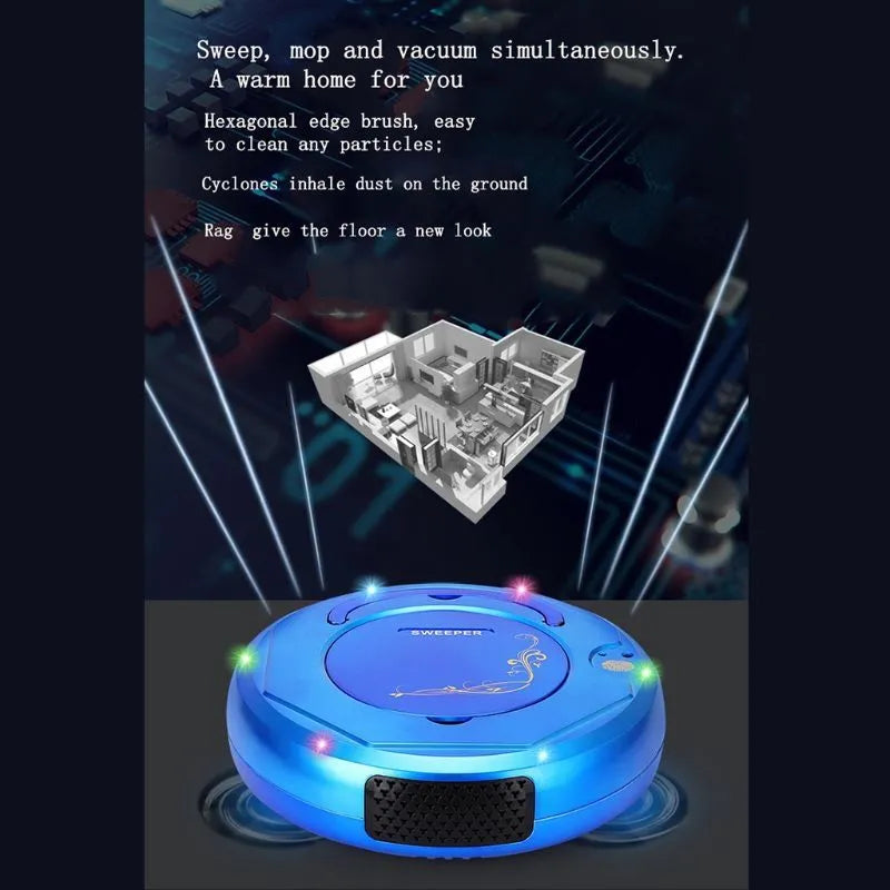Lazy Smart floor sweeping robot vacuum cleaner in blue, black, or white on a hard floor.