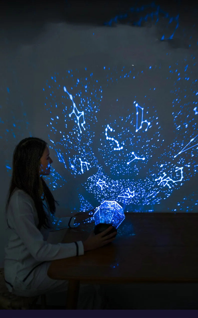 Children's rotating stars LED night light showing static and rotating three-colour mode options