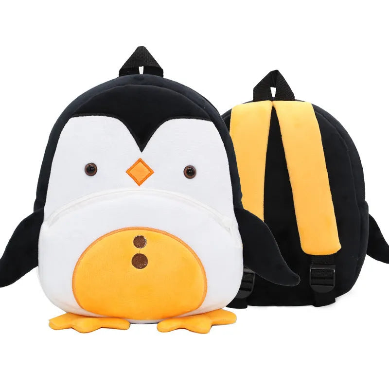 Cute plush animal backpack for children in elephant design, showing front zipper and straps.