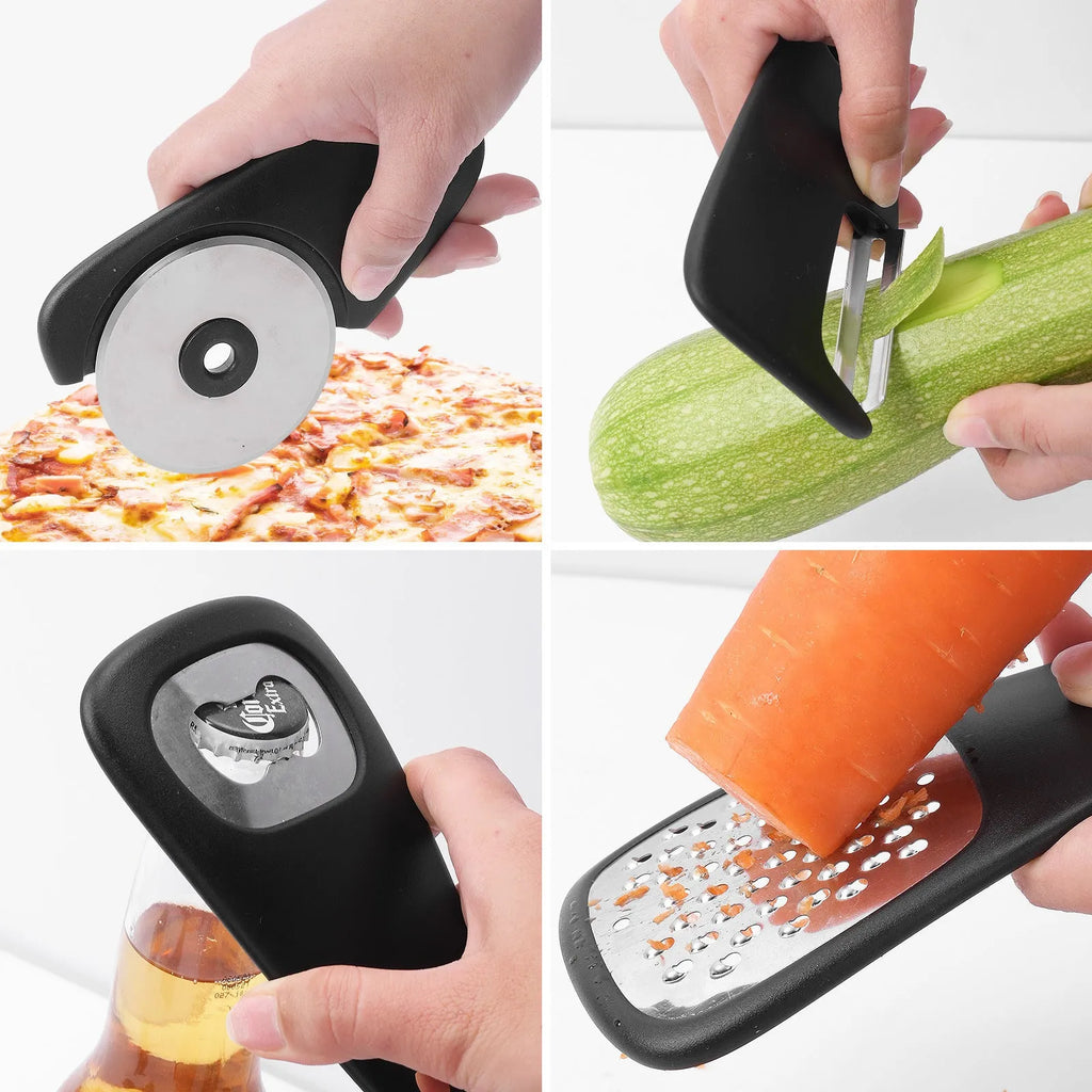 Six kitchen widgets and cleaning brush in modern colour box, made from stainless steel and PP materials