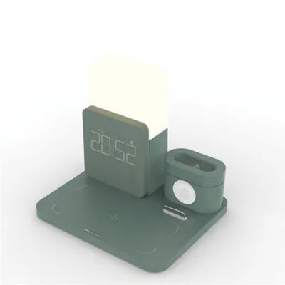 Dark green 3-in-1 wireless charging stand for phone, watch, and earbuds on a wooden table.