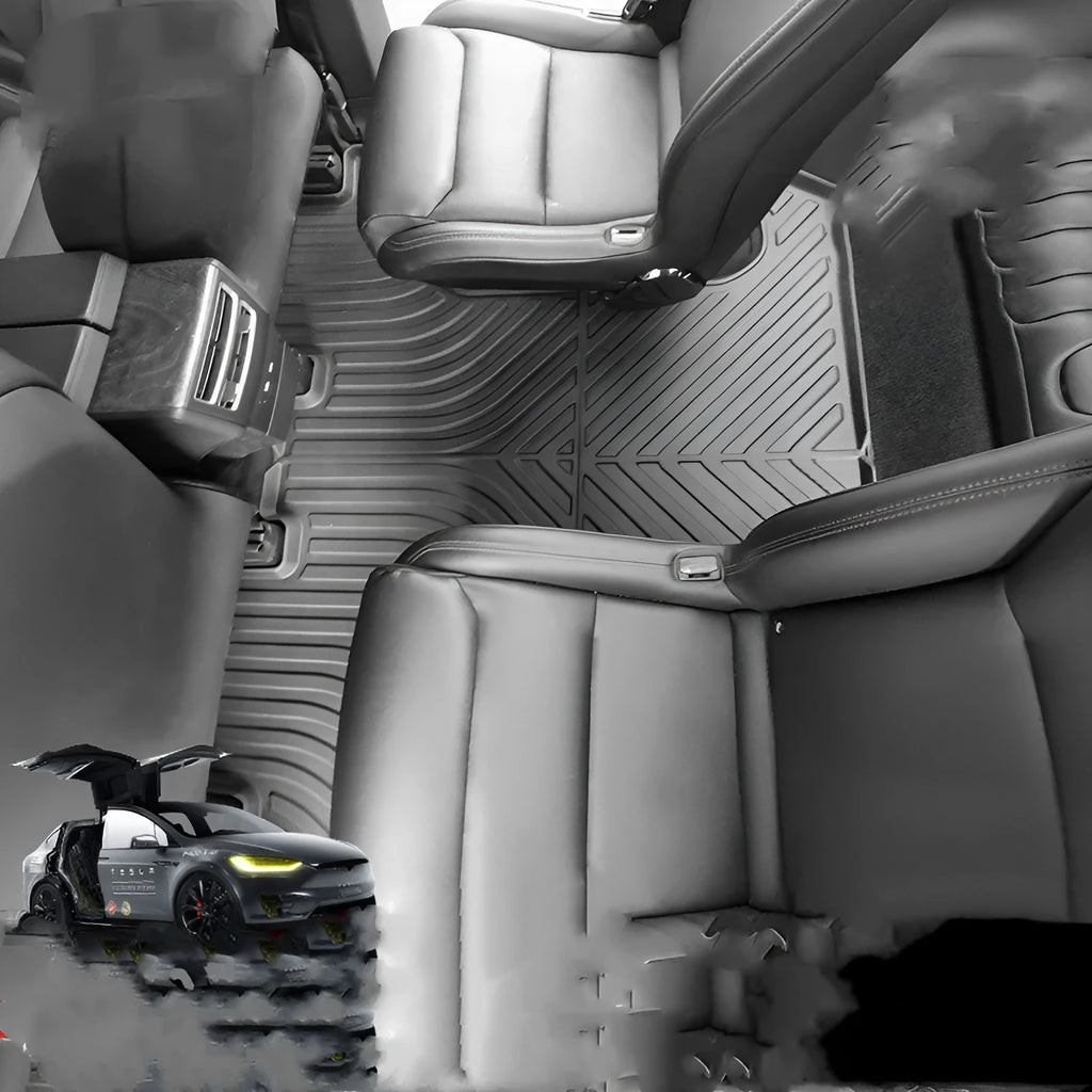 Tesla Model X waterproof TPE rubber floor mats showing left and right rudder design for vehicle-specific fitment