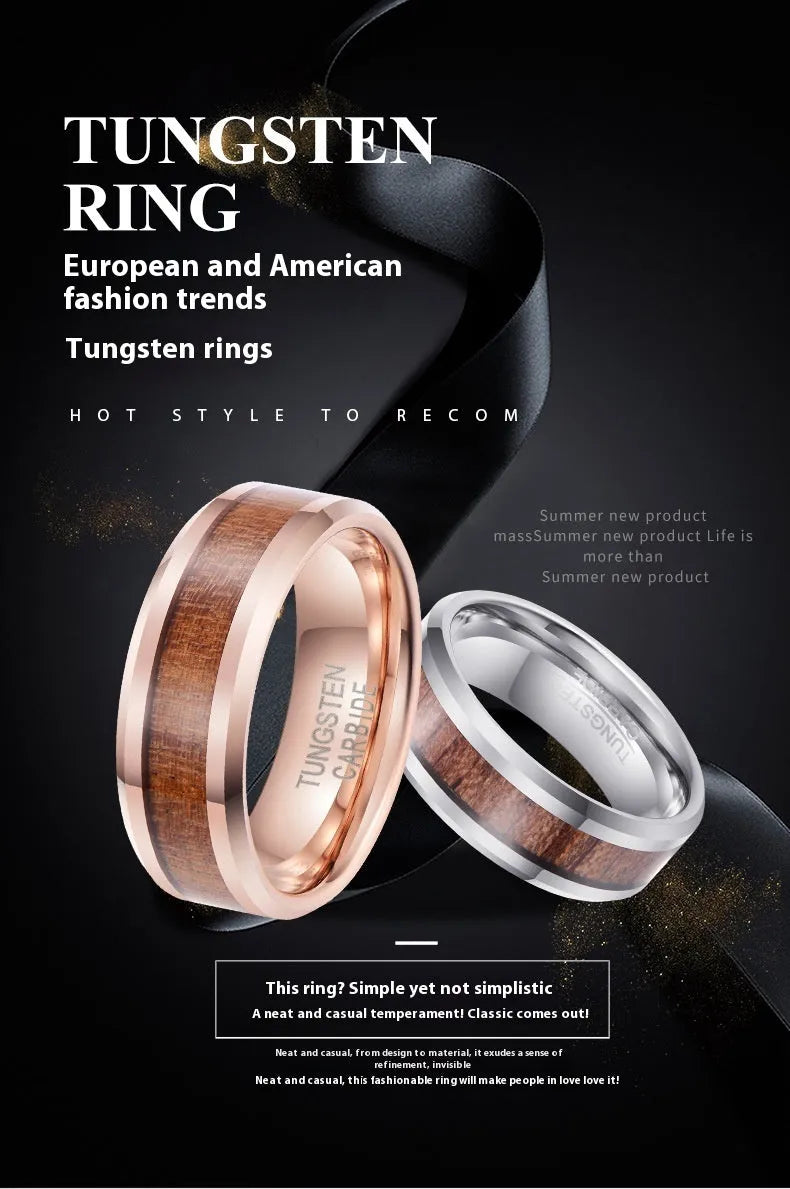 8mm wide U-shaped tungsten ring made from Ugyen wood leather composite in rose gold colour