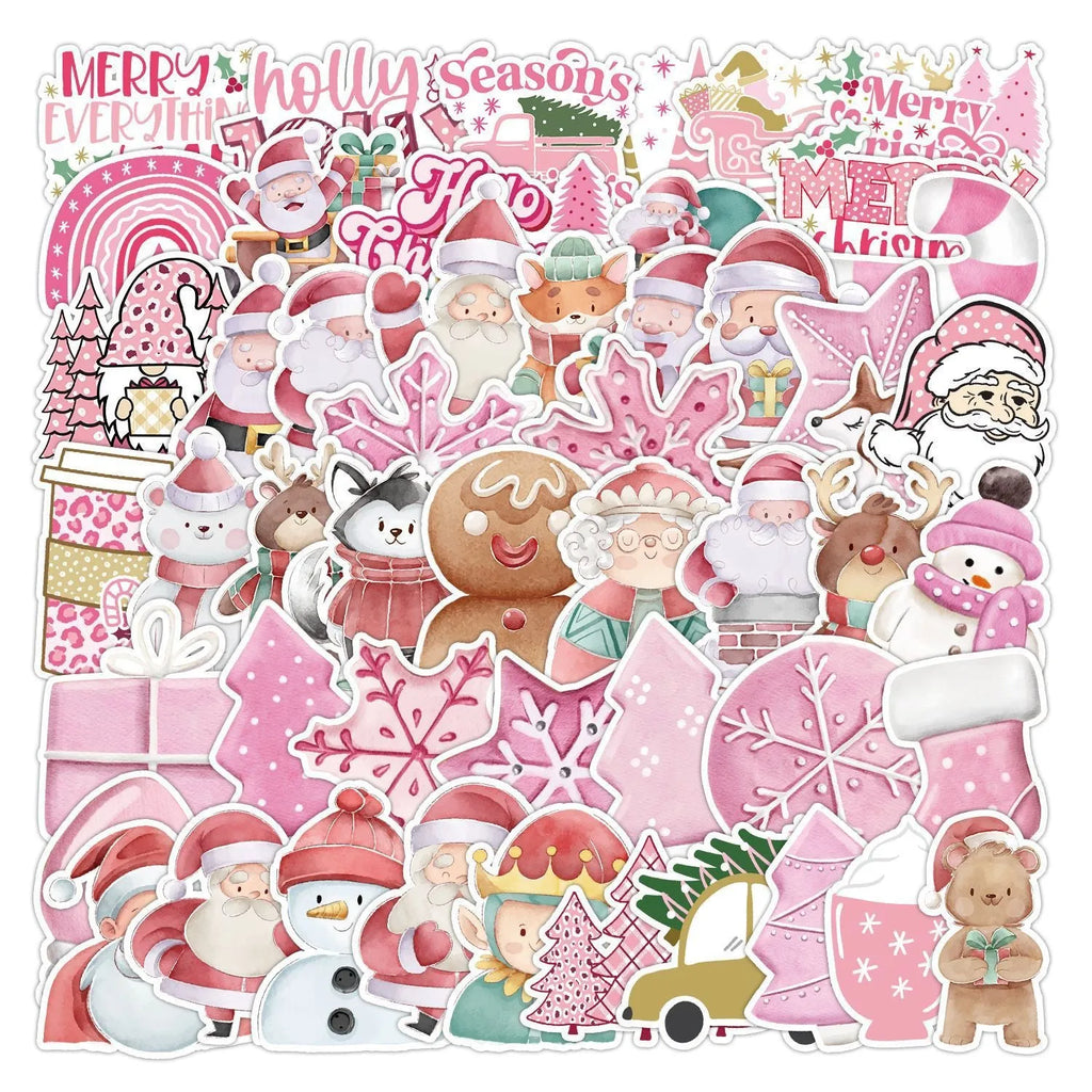 Pack of 50 cute Christmas-themed waterproof stickers in sizes from 4cm to 8cm.